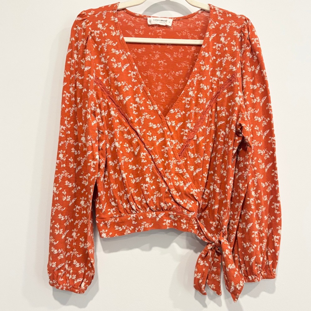 Lucky Brand Faux Wrap Top Floral Cottagecore Peasant Oversized Medium Boho 20596